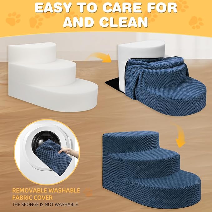 Dog Stairs for Small Dogs, Foam Steps for Small Dogs & Cats, 3 Steps Dog Ramp for High Beds, Couch, Window, Sofa, Pet Stairs with Removable Washable Cover, Non-Slip Sturdy Pet Steps, Navy Blue