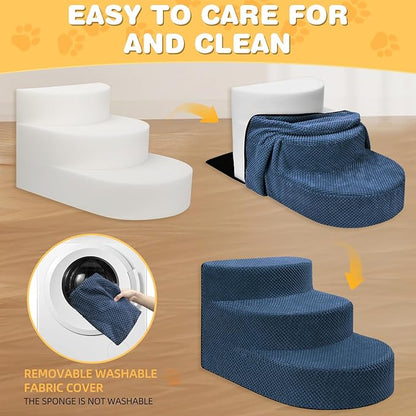 Dog Stairs for Small Dogs, Foam Steps for Small Dogs & Cats, 3 Steps Dog Ramp for High Beds, Couch, Window, Sofa, Pet Stairs with Removable Washable Cover, Non-Slip Sturdy Pet Steps, Navy Blue