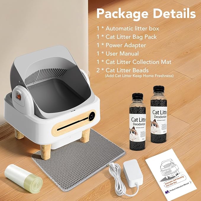 RPZ Automatic Cat Litter Box Self Cleaning, Robot Litter Box for Multiple Large Cats, Open Top Auto App Control Ultra-Quiet, Durable, Keep Home Freshness, Wood Grain