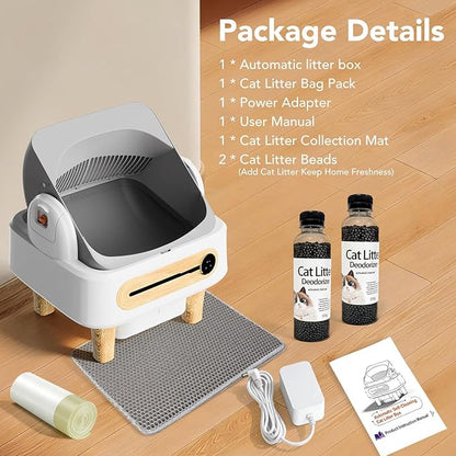 RPZ Automatic Cat Litter Box Self Cleaning, Robot Litter Box for Multiple Large Cats, Open Top Auto App Control Ultra-Quiet, Durable, Keep Home Freshness, Wood Grain