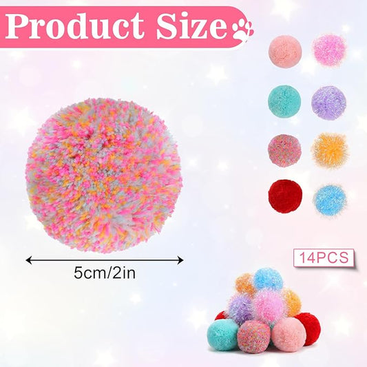 14 Pcs Cat Pom Pom Balls 2 Inches Cat Balls Toy Cats Poms Poms Sparkle Fuzzy Ball Yarn Puffs Interactive Cats Toy Interactive Kitten Chasing Toys