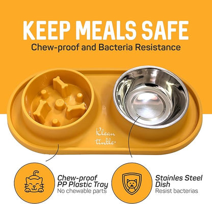 Pets Anti-Skid Dog Bowl Set - Removable Double Slow Feeder With Non-Skid Silicone Mat - Stainless Steel Water Bowl for Cats & Pets (Yellow)