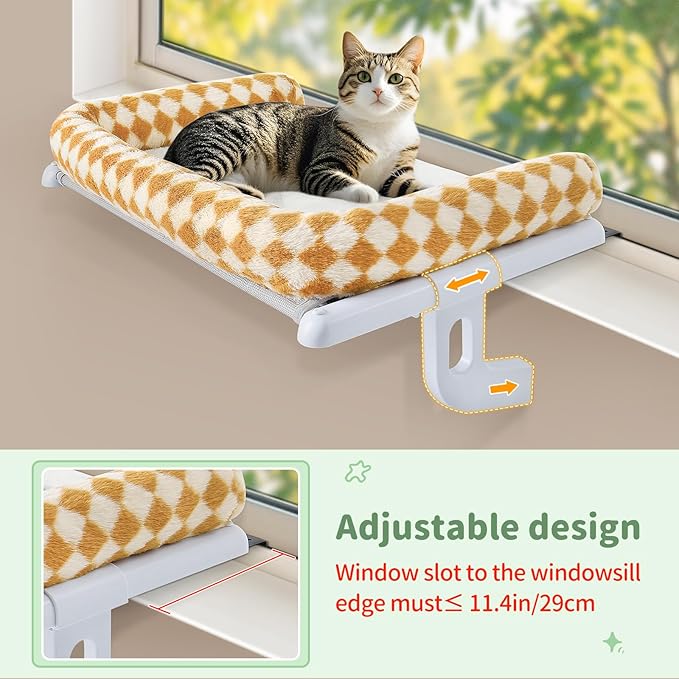Sunhoo Cat Window Perch Hammock Sturdy Windowsill Bed Seat for Large Cats No Drilling No Suction Adjustable Kitty Shelf with Washable Cover Easy Assembly Holds up to 40 lbs 24.8 * 15 in (Brown, L)