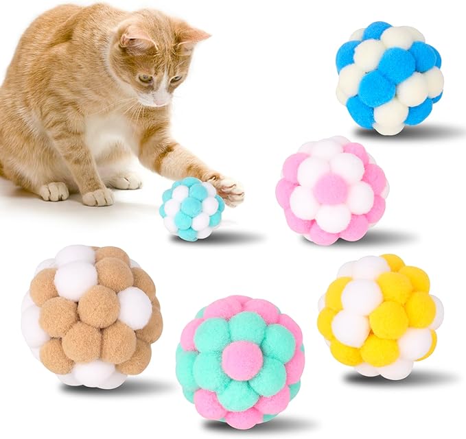 Cat Toys Balls 6 Pieces with Bells 5cm Soft Cat Pom Poms Balls Cats Interactive Ball Toy for Cats Kitten Indoor Outdoor Playing Chewing Scratching