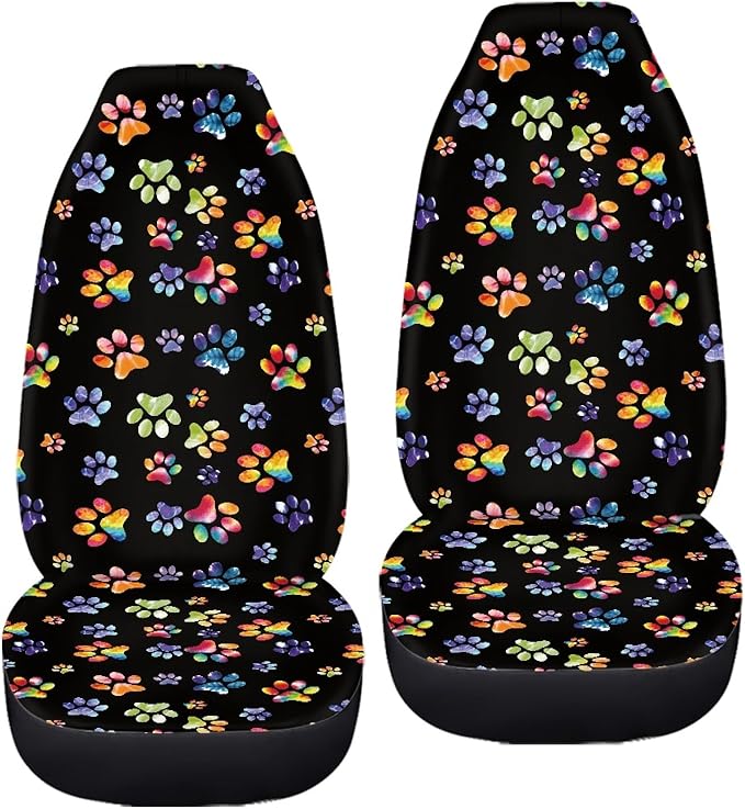 Tie Dye Dog Paws Print Car Seat Covers for Front Seats Only,Universal Bucket Seats Protector Fit for Car,SUV Sedan,Truck