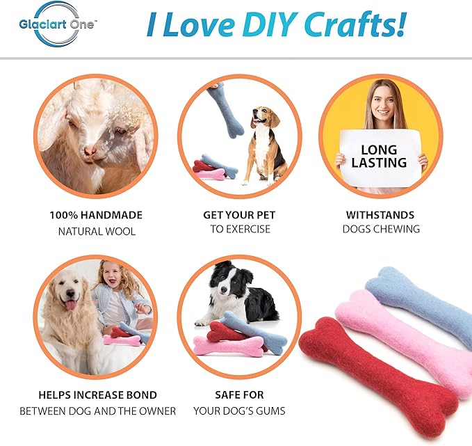 Glaciart One Felted Wool Dog Chew Bone (3 Pcs)| Durable Dog Chew Toy, Puppy Chew Toys for Teething & Dog Teeth Cleaning | Pet Toys Fetch Games & for Anxiety/Boredom | Great for Small or Medium
