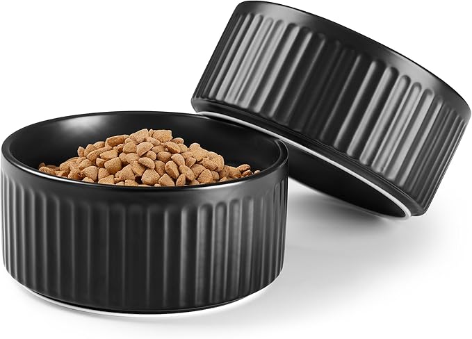 Non-Slip Ceramic Dog Bowls,8" Dog Food and Water Bowl Set with Silicone Base, 64oz/8cups Weighted Flip-Proof Pet Feeding Bowl for Medium and Large Dogs (Large,Black)