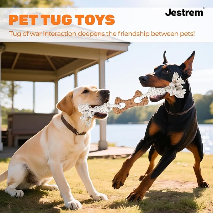Dog Rope Toy for Aggressive Chewers, Tug and Teething Toy with Natural Cotton Rope and Wood-Plastic Bone, Durable Chew Toy for Medium to Large Dogs 20-60lb