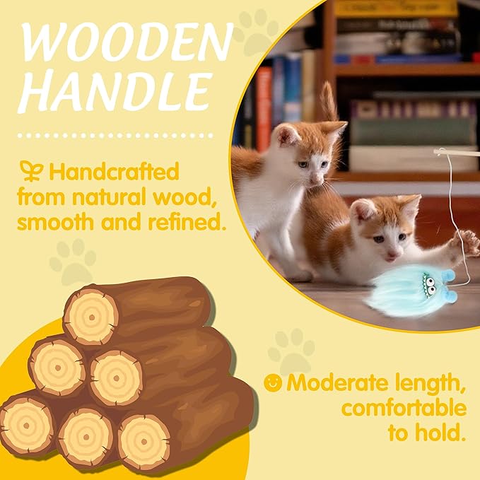 Elastic Cat Wand Toy Funny Interactive Plush Cat Fishing Pole Toy with Bell Soft Natural Wood Kitten Teaser Wand for Indoor Cats Kittens Bored Cats (3 Pack)