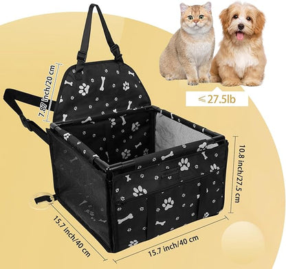 PetsHome Dog Car Seat Foldable Dog Car Booster Seat Waterproof Breathable Oxford Travel Bag for Small to Medium Dogs, Puppies, and Pets-Pattern Black-Upgrade