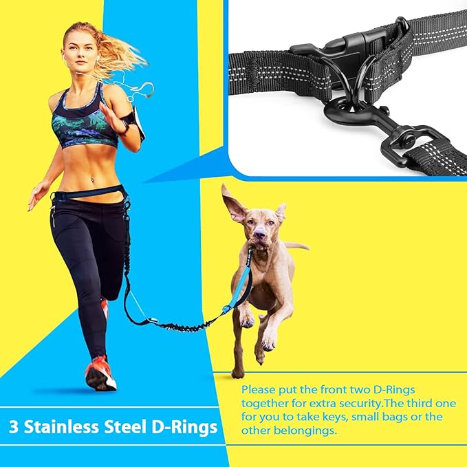 Hands Free Dog Running Leash with Adjustable Waist Belt, Dual Handle Elastic Bungees Retractable Rope for Small and Medium Dogs, Reflective Stitches for Walking Hiking Biking (Large, 25-120lb)