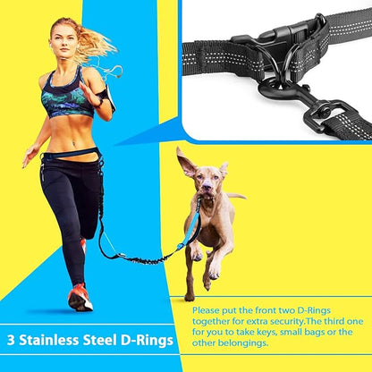 Hands Free Dog Running Leash with Adjustable Waist Belt, Dual Handle Elastic Bungees Retractable Rope for Small and Medium Dogs, Reflective Stitches for Walking Hiking Biking (Large, 25-120lb)