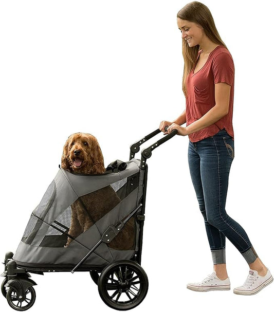 Pet Gear NO-Zip Pet Stroller with Dual Entry, Push Button Zipperless Entry for Single or Multiple Dogs/Cats, Pet Can Easily Walk In/Out, Gel-Filled Tires, Dark Platinum, Excursion
