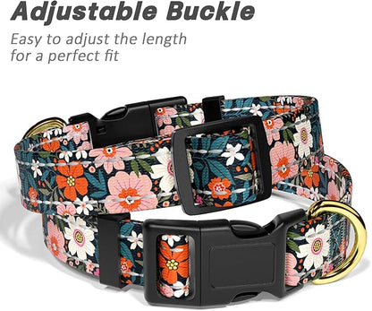 Reflective Dog Collar for Large Dogs, Cute Flower Theme Adjustable Heavy-Duty Nylon Puppy Collar for Boy and Girl Female, Soft Pet Accessories with Quick Release Buckle, Elegant Floral