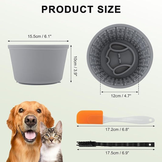 Slow Feeder Dog Bowls, Silicone Dog Lick Bowl with Brush & Scraper, Non-Slip Base Slow Feeder for Anxiety Alleviating & Oral Health, Gray Blue