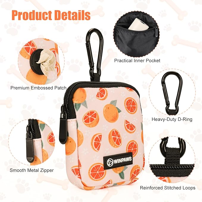 Dog Treat Pouch with Training Clicker,Waterproof Nylon Fabric Poop Bag Holders for Leashes,Hands Free Small Dog Walking Bag with Carabiner, Pet Puppy Training Walking Essentials(Grapefruit)