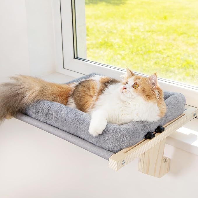Cat Sill Window Perch - 100% Natural Pine Frame, Soft Rabbit Fur Cushion, Tool-Free Adjustment, Supports 40 lbs (Medium-Grey)