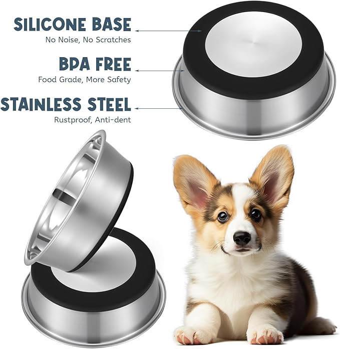 11 Cup Stainless Steel Dog Bowls Set of 2 for Food and Water, Silicone Base Anti-Slip, Rust Resistant, Extra Thick Metal Bowls for Medium Dogs, Black