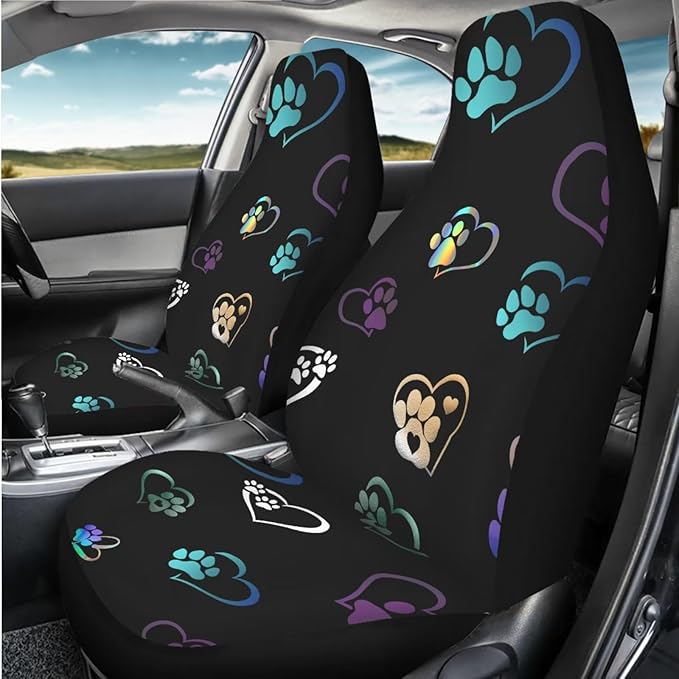 Colorful Heart Dog Paw Print Car Seat Covers Full Set of 2, Cloth Seat for Auto Front Seats, Black Bucket Seat Covers for Cars Washable and Breathable Car Accessories for Sedan Truck SUV