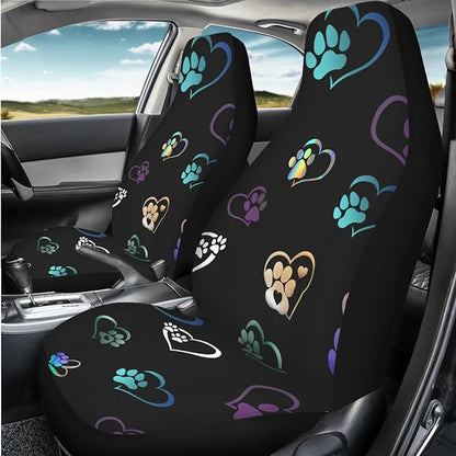 Colorful Heart Dog Paw Print Car Seat Covers Full Set of 2, Cloth Seat for Auto Front Seats, Black Bucket Seat Covers for Cars Washable and Breathable Car Accessories for Sedan Truck SUV