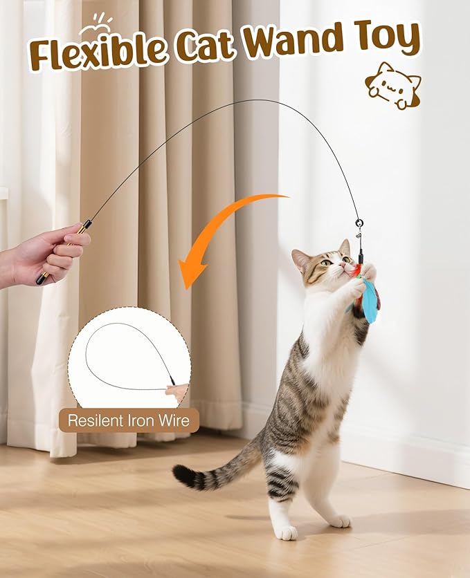 Pawaboo Feather Teaser Cat Toy, Interactive Feather Wand Cats Toy Flying Feathers Cat Catcher with Extra Long 34.5" Wand and Small Bell, Exerciser Playing Toys for Kitten or Cats, Blue + Red Brown