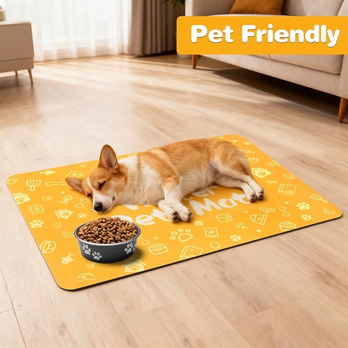 Pet Feeding Mat,Dog Cat Mat for Food and Water,Dog Bowl Waterproof Placemat with Rubber Backing,Absorbent Quick Dry Water Dispenser Mat for Pet（Orange 17"×29"）