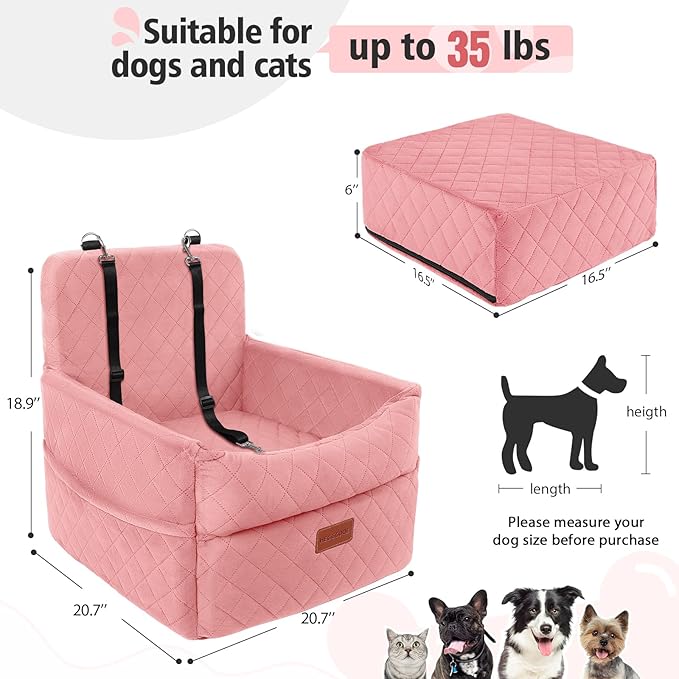 HEGGCOOE Dog Car Seat for Small Medium Dogs, Memory Foam Puppy Dog Booster Seat with Thick Cushion for Dogs Under 35lbs, Detachable Washable Pet Car Seat Travel Bed with Storage Pockets,2 Safety Belts