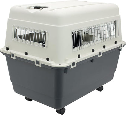 SportPet Airline Compliant X-LARGE 32.25" Travel Dog Kennel-Durable Plastic Airline Pet Carrier w/Removable Wheels & Food Bowls, Collapsible Indoor/Outdoor Dog Kennel, Dog up to 32"L & 23"H-Cream/Gray