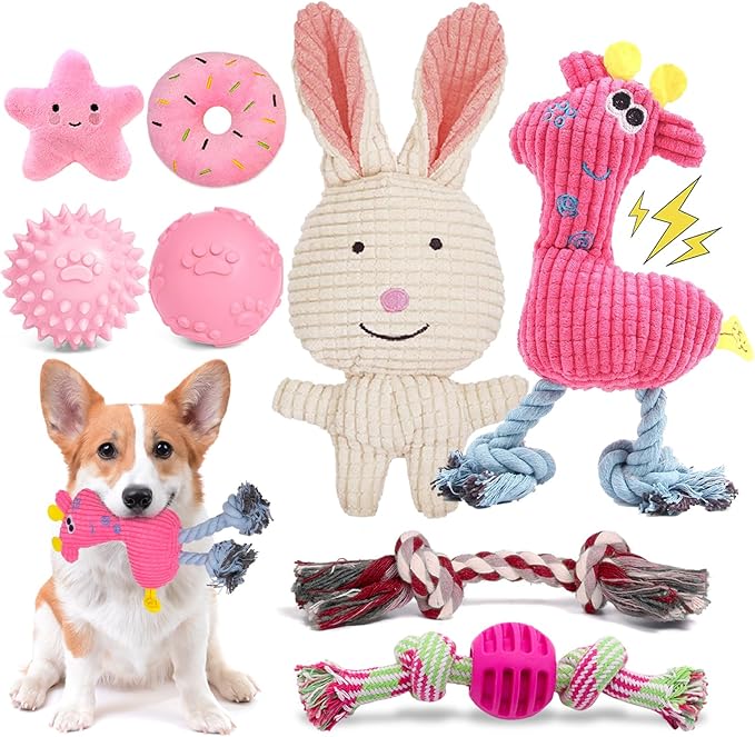 8 Pack Luxury Puppy Toys for Teething Small Dogs, Puppy Chew Toys with Squeaky Dog Toys, Balls and Rope Dog Chew Toys, Dog Toys to Keep Them Busy (Pink, 8-Pack)
