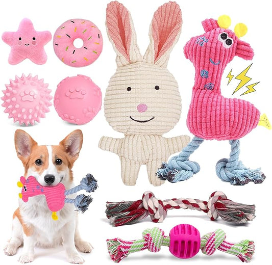 8 Pack Luxury Puppy Toys for Teething Small Dogs, Puppy Chew Toys with Squeaky Dog Toys, Balls and Rope Dog Chew Toys, Dog Toys to Keep Them Busy (Pink, 8-Pack)