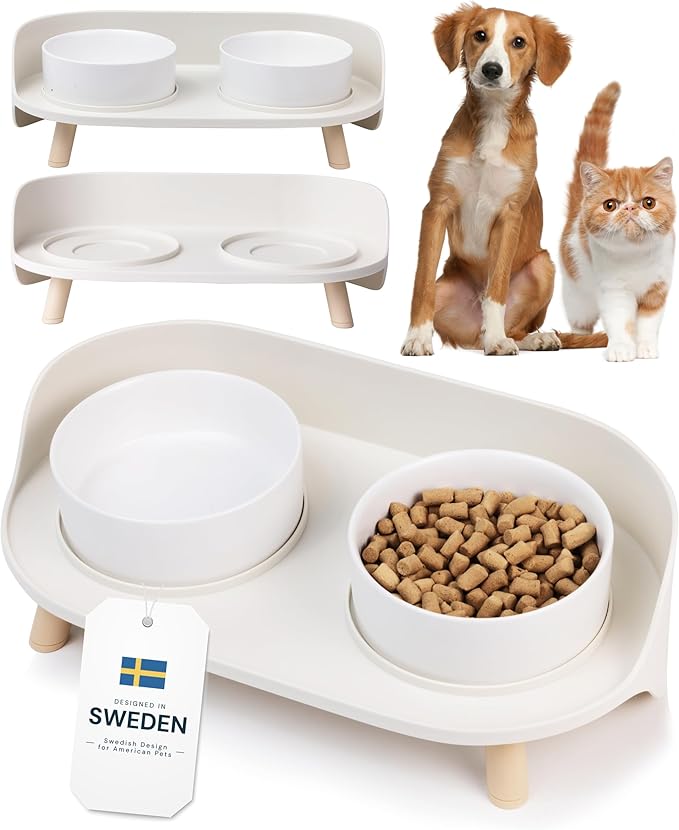 MalsiPree Elevated Dog Bowls - Puppy Adoption Gifts & Cute Puppy Accessories - 45° Tilt Feeding Station with Ceramic Dishes - Food and Bowls Set - Dog Birthday Gifts for Small Pets - Sand Beige