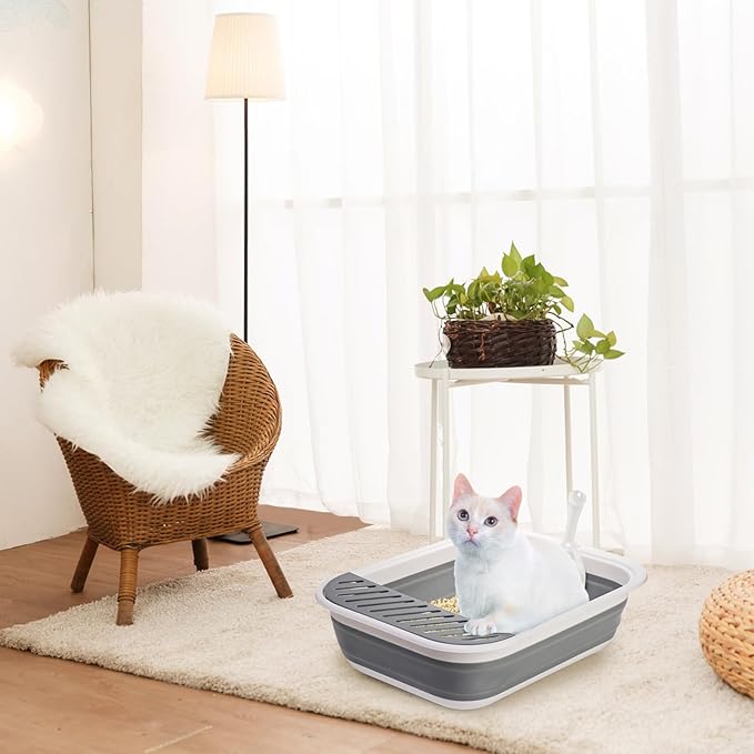 Collapsible Small Cat Litter Box, 17.7'' Open Foldable Kittens Potty with Scoop, Shallow Anti Splash Travel Cat Toilet, Semi Enclosed Height Adjustable Sides Litter Pan for Sick Frail Cat Grey