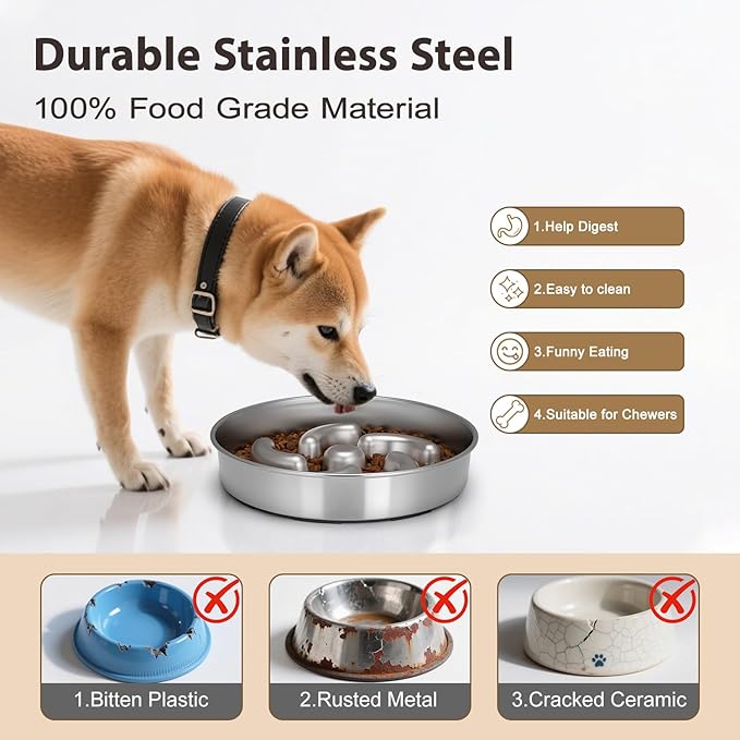 Slow Feeder Dog Bowl, 8.7 inch Stainless Steel Heavy Duty with Non-Slip Base Puzzle Maze Dog Food Bowls for Medium, Large Breed Size Dogs to Slow Down Eating