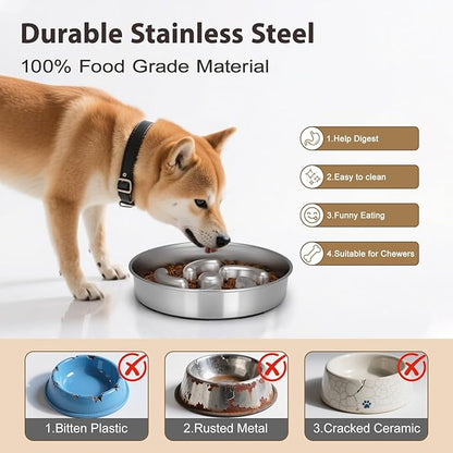Slow Feeder Dog Bowl, 8.7 inch Stainless Steel Heavy Duty with Non-Slip Base Puzzle Maze Dog Food Bowls for Medium, Large Breed Size Dogs to Slow Down Eating
