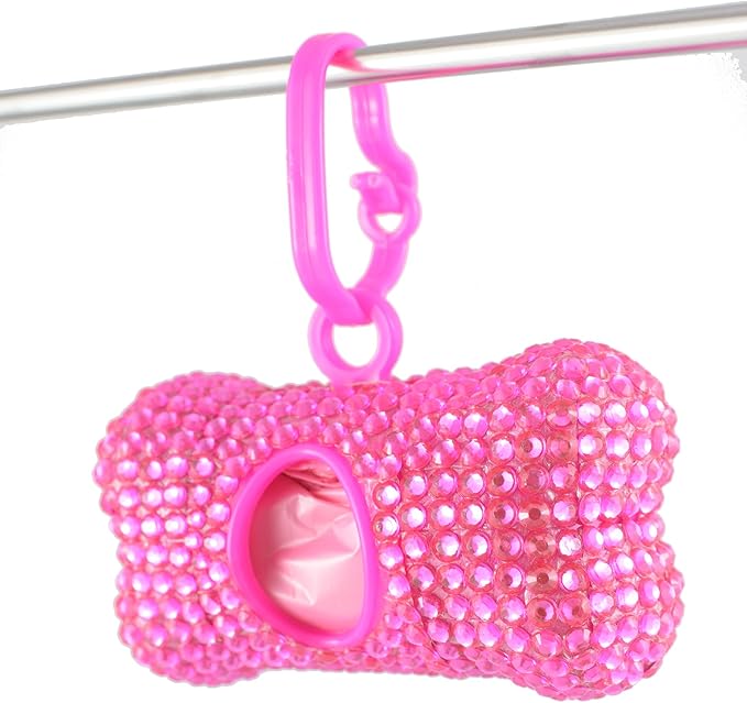 Bling Dog Poop Pickup Bag Dispenser Holder Pet Waste Disposal Bag Pet Trash Bags Holder Bone Shaped Hot Pink with small garbage bags