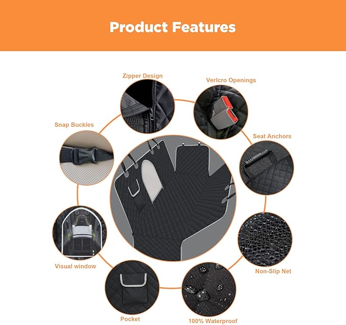 PetsN'all Durable Dog Car Seat Cover to Protect from Scratches, Dirt, Hair and Other Messes, Easy to Clean, 100% Waterproof, Washable, Nonslip, with Mesh Window for Cars Trucks and SUVs Black