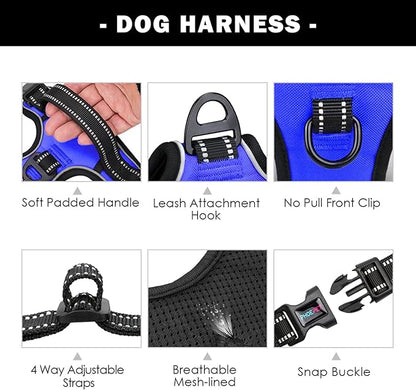 PHOEPET No Pull Dog Harness Medium Reflective Front Clip Vest with Handle,Adjustable 2 Metal Rings 3 Buckles,[Easy to Put on & Take Off](S, Royal Blue)