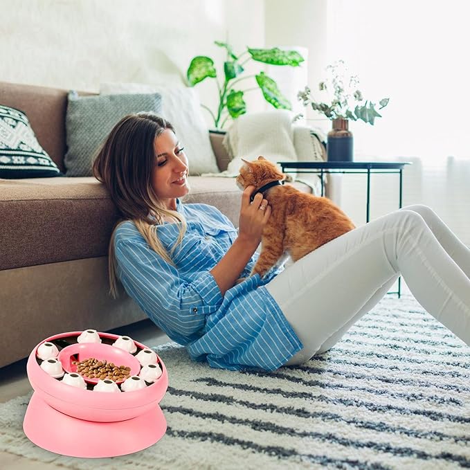 Cat Puzzle Feeder Slow Food Bowl – Interactive Slow Feeder Bowl for Indoor Cats, Treat Dispensing Enrichment Toy,Mental Stimulation and Boredom Relief (Pink)