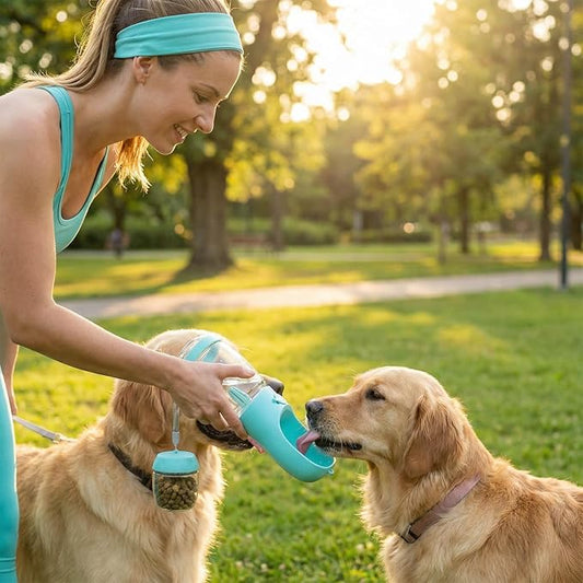 Dog Water Bottle with Food Container Holder, Travel Puppy Drinking Bowl, Portable Pet Water Dispenser, Patented Design, Food Grade Plastic 12 oz Water Bottle+100g Snack cans