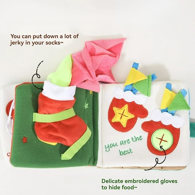 Dog Toy Snuffle Sound Book Series Lunch Space Christmas Goodnight Birthday Scout Themes 3D Puppy Decor Cover Puzzle Toy Dog Accessories for Mental Stimulation & Slow Feeding (Xmas)
