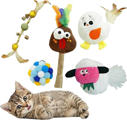 5 Pcs Catnip Toys for Cats, Silvervine Interactive Cat Toy Set with Squeaker & Feathers, Natural Organic Catnip Dental Chew Toys for Kitten Teething, Boredom & Anxiety Relief Plush Set