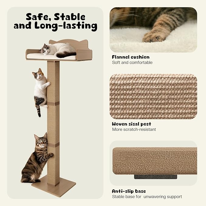 Cat Window Perch with Thick Sisal Scratching Post, Cats Hammock for Window with 3 Upgrade Suction Cups, 55" Adjustable Tall Cat Scratching Post with Large Perch, Cats Window Bed with Fluffy Cushion
