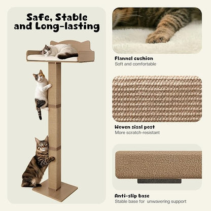 Cat Window Perch with Thick Sisal Scratching Post, Cats Hammock for Window with 3 Upgrade Suction Cups, 55" Adjustable Tall Cat Scratching Post with Large Perch, Cats Window Bed with Fluffy Cushion