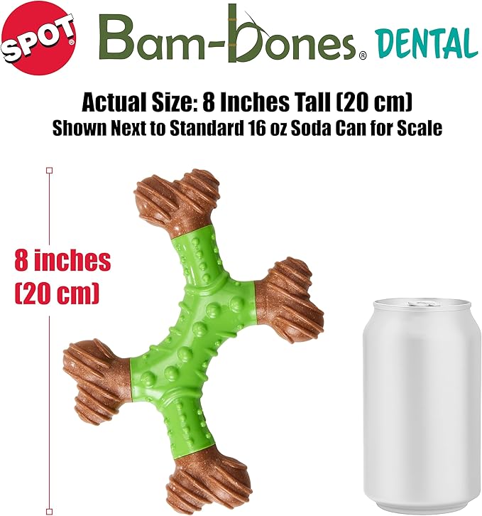 SPOT Bam-Bones Dental X-Bone Dog Chew – Bamboo Fiber with Massaging Rubber Center for Teeth Cleaning – 8in, Apple Flavor, for Light Chewers & Teething Puppies Under 40 lbs