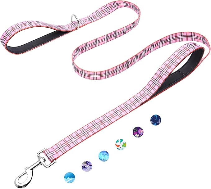 5ft Dog Leash with Two Padded Handles, Heavy Duty Strong Nylon Pet Leash with Soft Neoprene Handle for Small Medium Large Dogs, Pink Plaid