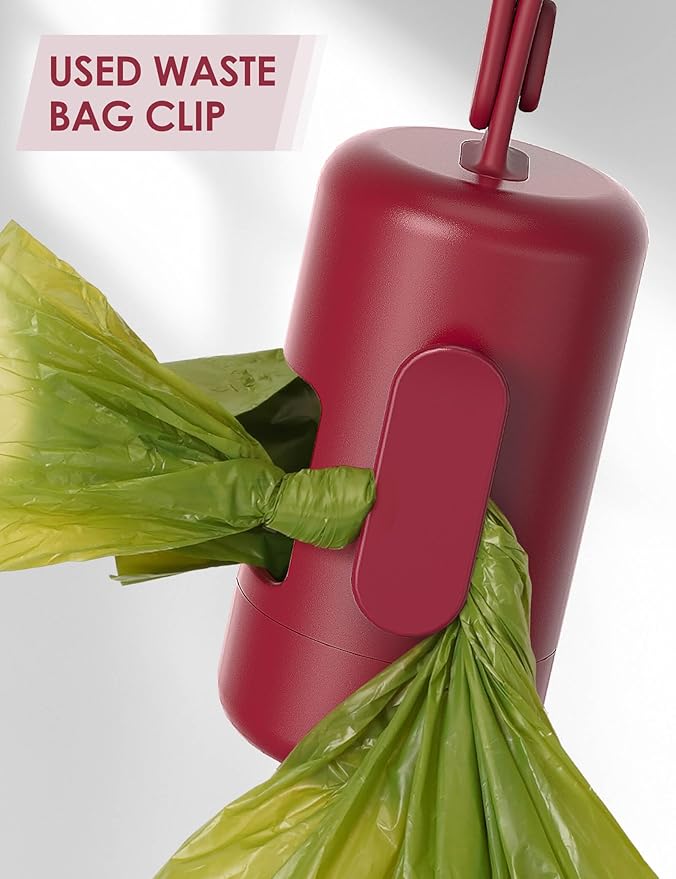 Gobeigo Dog Poop Bag Holder【Convenient Hook for Used Bags】【Silicone Strap Fits Any Leash】【Large Opening for Easy Dispensing】with 1 Roll Waste Bags (Red)