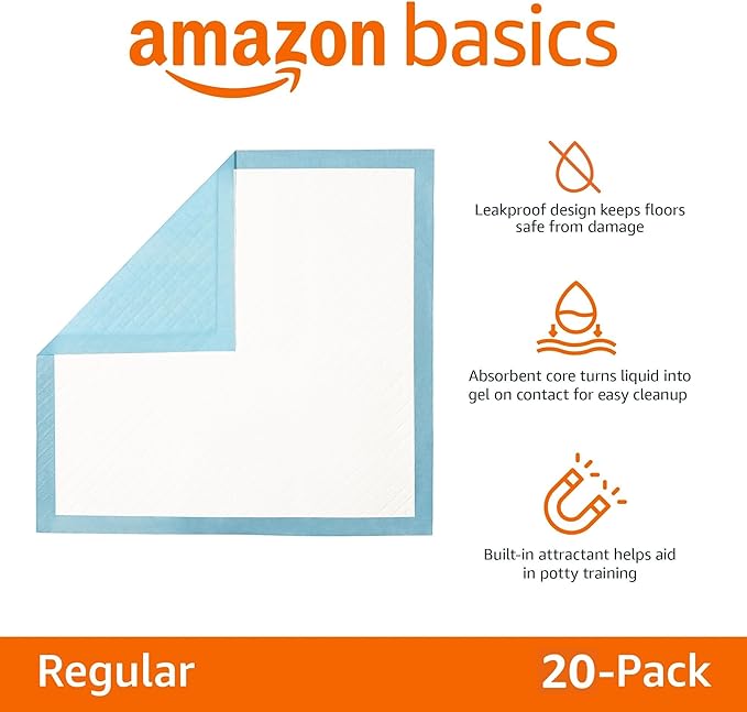 Amazon Basics Heavy Duty Absorbent Dog and Puppy Pee Pads with 5-Layer Leak-Proof Design and Quick-Dry Surface for Potty Training, Regular Size, 24 x 23 Inches, Blue & White, 20-Count
