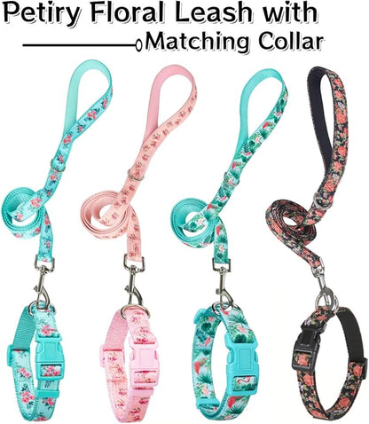 Green Floral Print Dog Leash - 5 Feet Durable Nylon Leash for Small & Medium Dogs, Lightweight Walking Leash (S Green Floral)