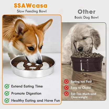 Stainless Steel Slow Feed Dog Bowl, 2 Pack Metal Slow Feeder Dog Bowls & Lick Bowl Plate, 2 Cups Double-Sided Non-Slip Small Medium Fast Eaters Puppy Puzzle Maze Slow Eating Dish for Dry Wet Raw Food