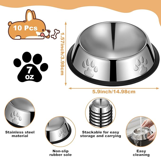 10 Pcs Stainless Steel Dog Bowl, 6.1 Inch Metal Dog Bowl with Non-Slip Rubber Base, Puppy Essentials & Pet Supplies Great for Home & Travel, Dishwasher Safe Pet Food and Water Bowls